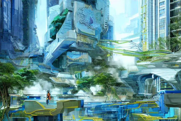 Image similar to futuristic cyberpunk city with Singaporean lush garden with royal blue and green and white and luxurious gold colors at Pamukkale, thermal waters flowing down white travertine terraces, intricate, elegant, luxurious, digital painting, concept art, smooth, sharp focus, from Star Trek 2021, illustration, by WLOP and Ruan Jia and Mandy Jurgens and William-Adolphe Bouguereau, Artgerm