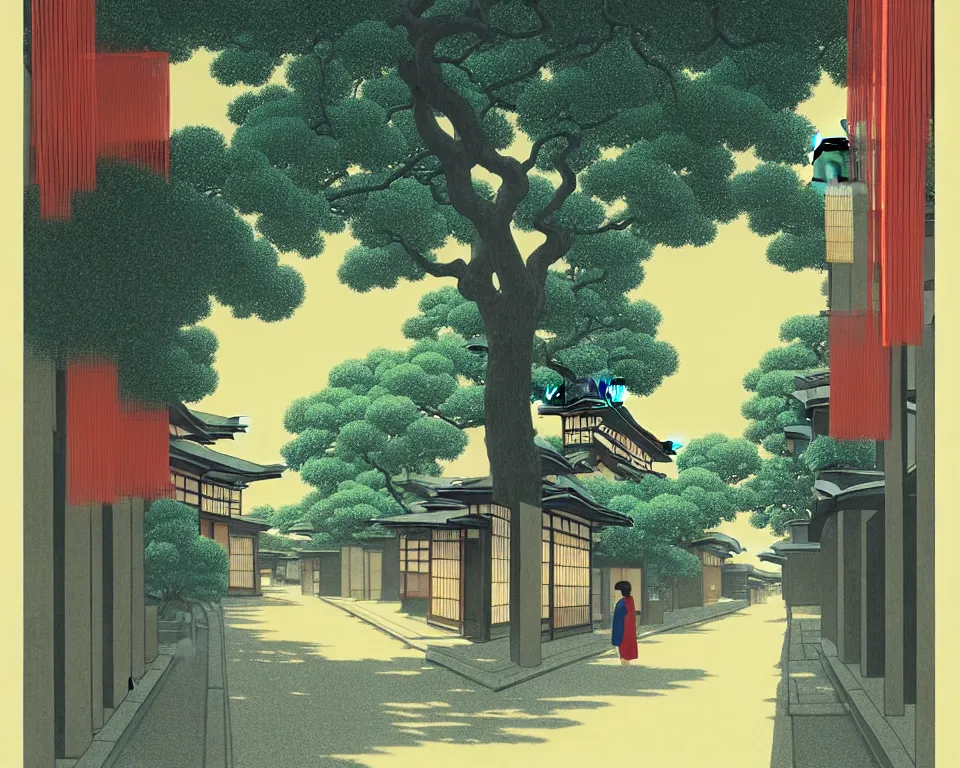 Image similar to an achingly beautiful print of a quiet street in Kyoto Japan with temples and plants, by Raphael, Hopper, and Rene Magritte. detailed, romantic, enchanting, trending on artstation.