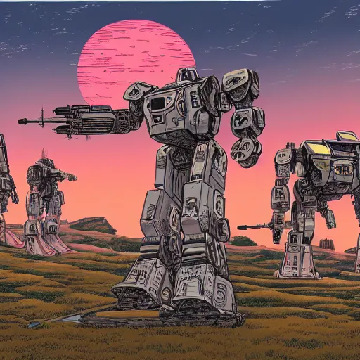 Image similar to hyper detailed comic illustration of a giant mechwarrior robot and the sunset in the distance, by Josan Gonzalez and Geof Darrow, highly detailed, 8k wallpaper