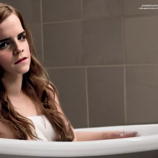 Prompt: Emma Watson in an ad for bathtubs, white bathroom setting