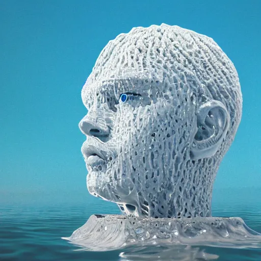 Image similar to a giant dripping water sculpture of a human head on the ocean water, cinematic, in the style of chad knight, long shot, hyper detailed, hyper realistic, ray tracing, 8 k resolution, sharp focus, realistic water, award winning