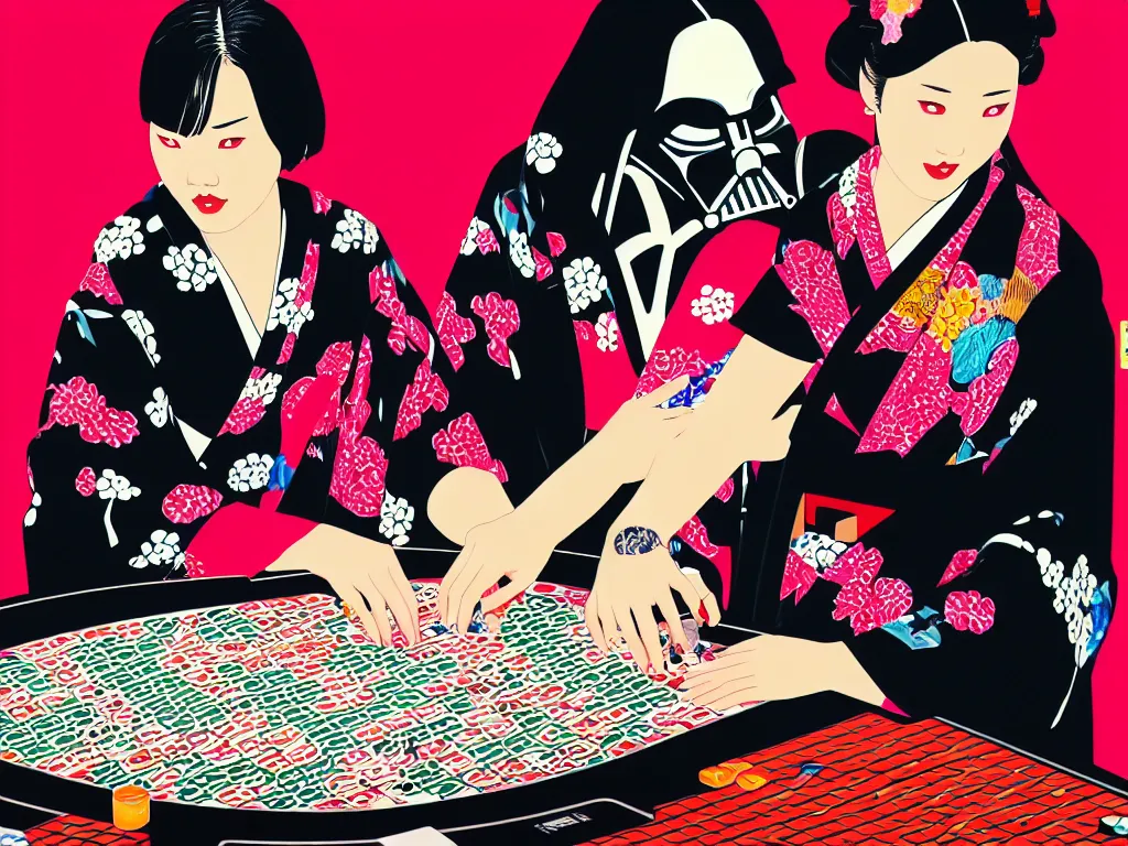 Image similar to hyperrealistim composition of the detailed single woman in a japanese kimono sitting at a extremely detailed poker table with darth vader, fireworks, river on the background, pop - art style, jacky tsai style, andy warhol style, acrylic on canvas