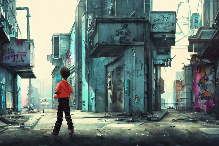 Image similar to a highly detailed contemporary painting of a tiny boy in a Jumpsuit standing in a dark alley, abandoned buildings with graffiti, a nightclub with neon sign, menacing skyline by Studio Ghibli, Makoto Shinkai, by Artgerm, by WLOP, by Greg Rutkowski, volumetric lighting, cyberpunk, octane render, 4K resolution, trending on artstation, masterpiece