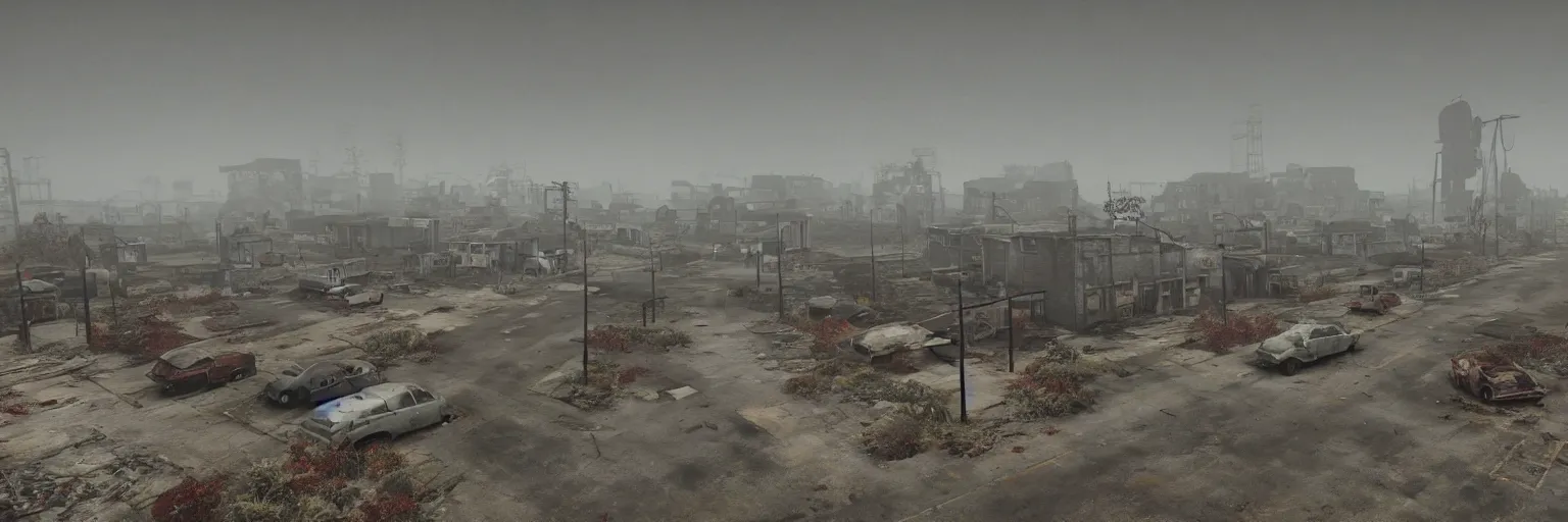 Image similar to wide angle drone shot of dilapidated silent hill in real life, desolate town, empty streets, nightmarish, some rusted retro futuristic fallout 4 style parked cars, overcast, blankets of fog pockets, rain, volumetric lighting, beautiful, daytime, autumn, sharp focus, ultra detailed, cgsociety