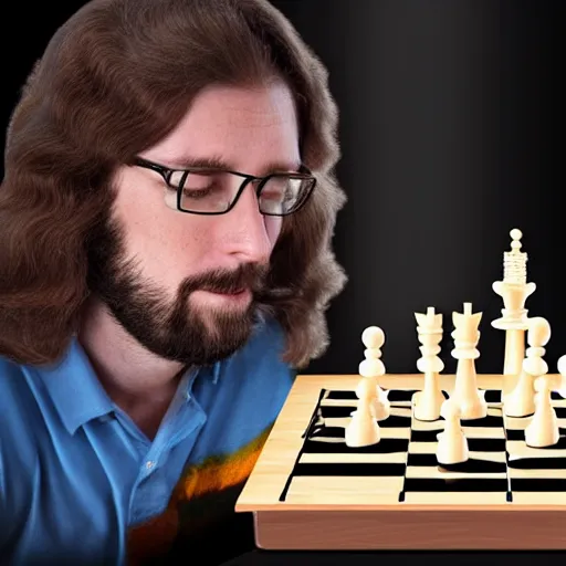 Image similar to A long haired man plays chess with a robot, hyper realistic, HD, HQ, photo realistic