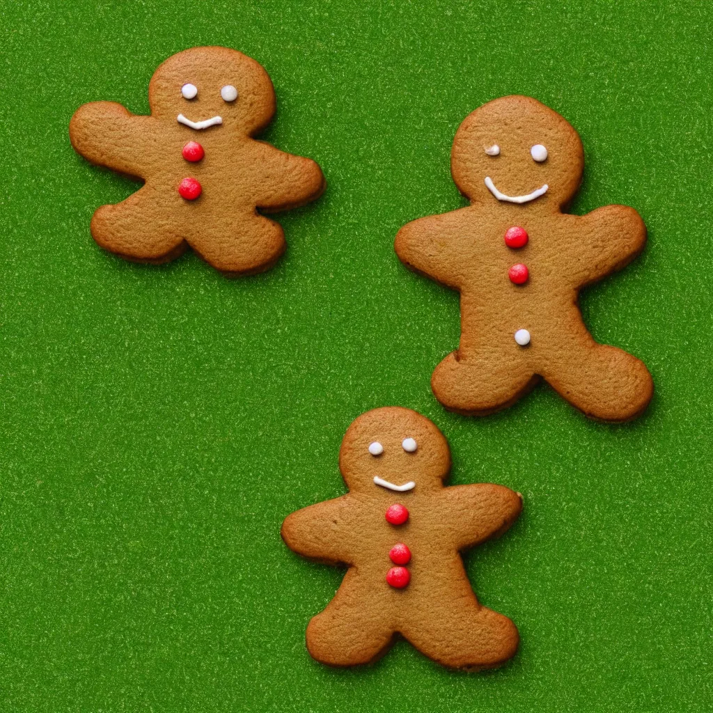 Image similar to top-down view of a cute gingerbread man on top of a green surface, 8k, high detail, photorealistic, proper shading