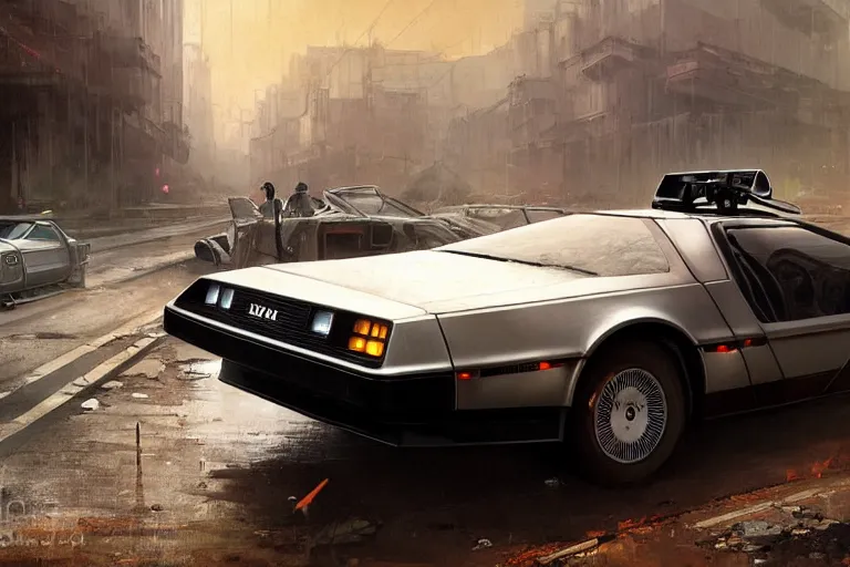 Image similar to photograph of the delorean, with a sleek spoiler, driving down the streets of a cyberpunk abandoned city, by greg rutkowski, by stanley artgerm, by alphonse mucha