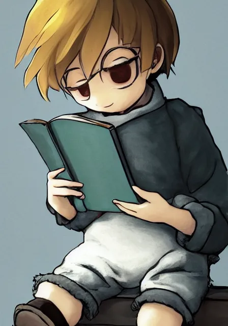 Image similar to beautiful little boy wearing sheep suit reading a book while sitting on chair, gray, blue, green and brown pallet color. made in abyss art style, inspired in kris from deltarrune, cute detailed artwork, anatomically correct, soft details, ilya kuvshinov, reflection, perfect composition, mobile wallpaper, illumination