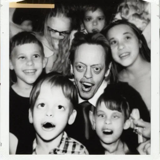 Prompt: polaroid of steve buscemi crashing a children's birthday party