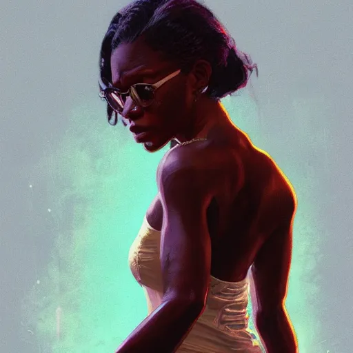 Prompt: A black woman living it large as a grand theft auto 5 loading screen, close shot, gorgeous, beautiful, intricate, highly detailed, digital painting, artstation, oppressive lighting, concept art, sharp focus, illustration, art by greg rutkowski and alphonse mucha