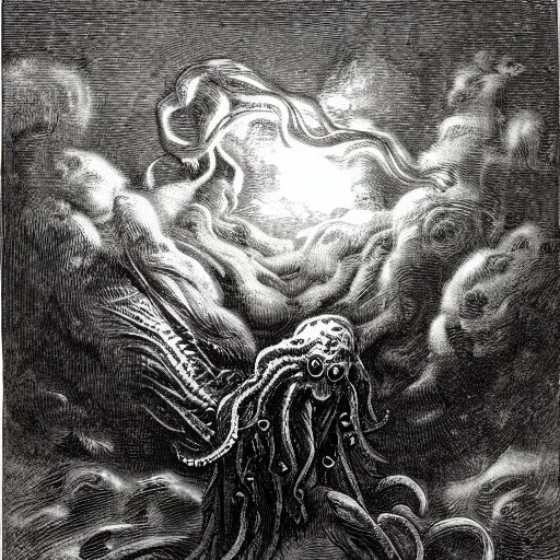 Image similar to a traditional portrait of cthulhu, night, clouds, illustration by Gustave Doré