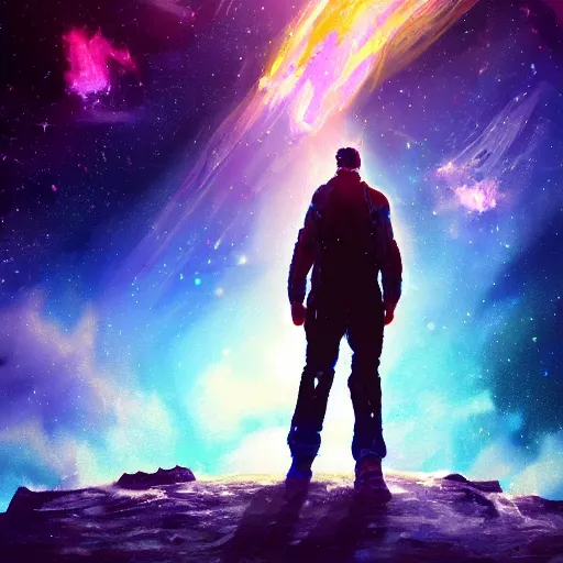 Image similar to digital painting of a man ascending to galactical bliss, stars and nebulas behind, dynamic lighting, cinematic shot, concept art, sci - fi, fantasy, artstation