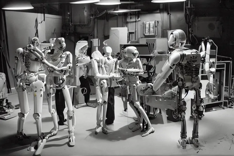 Image similar to a futuristic film studio with robot technicians preparing a scene with frightened human beings by Stanley kubrick, sci-fi, color vibe, reimagined by industrial light and magic