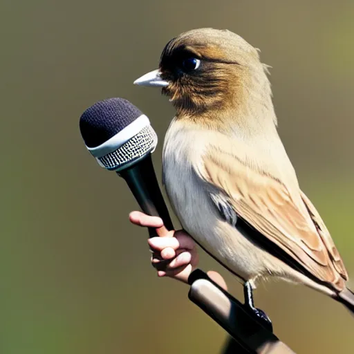 Image similar to A photograph of a bird wearing headphones and speaking into a microphone