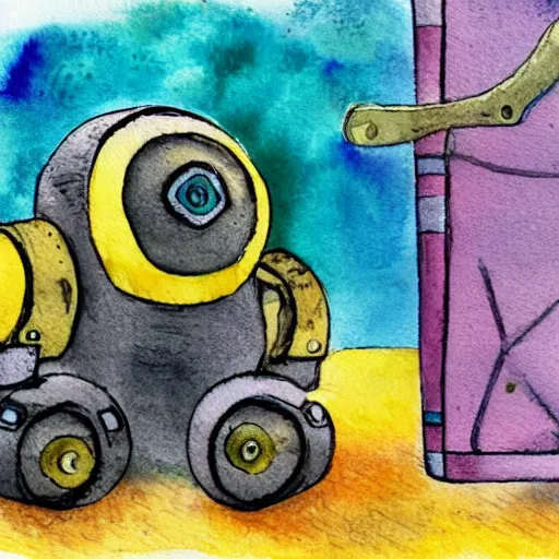 Prompt: a children's book watercolor illustration of a broken robot