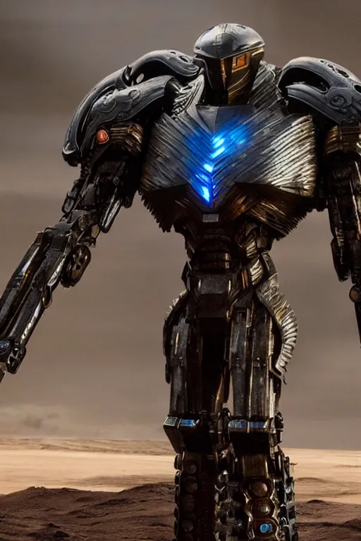 Image similar to cinematic still in dune movie and pacific rim movie and ps 5 game machine warrior 5, intricate ornate humanoid mecha warrior,