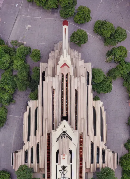 Image similar to isometric artdeco cathedral by frank lloyd wright, shot from drone, painted by piet mondrian