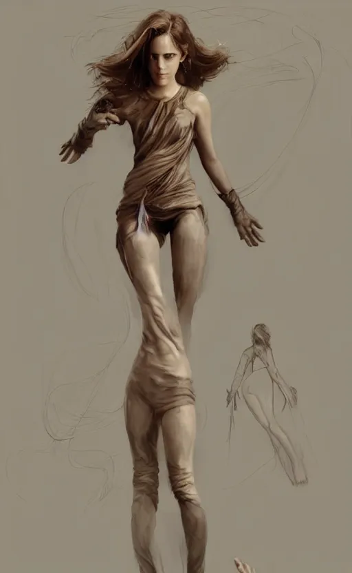 Image similar to emma watson with an very long torso, possibly extra limbs, intricate, detailed, volumetric lighting, digital painting, concept art, by artgerm and greg rutkowski