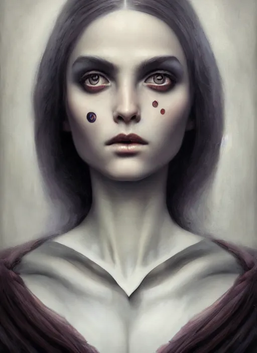 Prompt: blender, artwork, symmetrical realistic, portrait, close - up, dark witch, painting by tom bagshaw, smooth, sharp focus