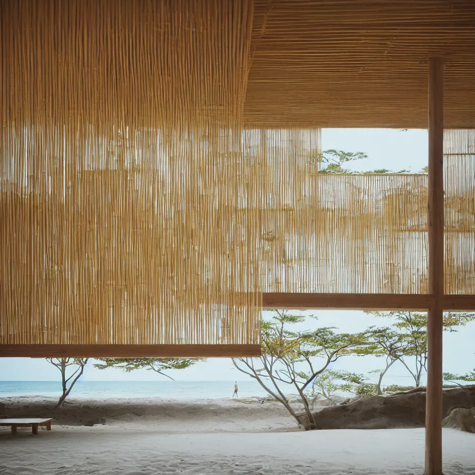 Image similar to architecture ad for a mid-century small modern house on the beach, designed by Kengo Kuma. Film grain, cinematic, yellow hue