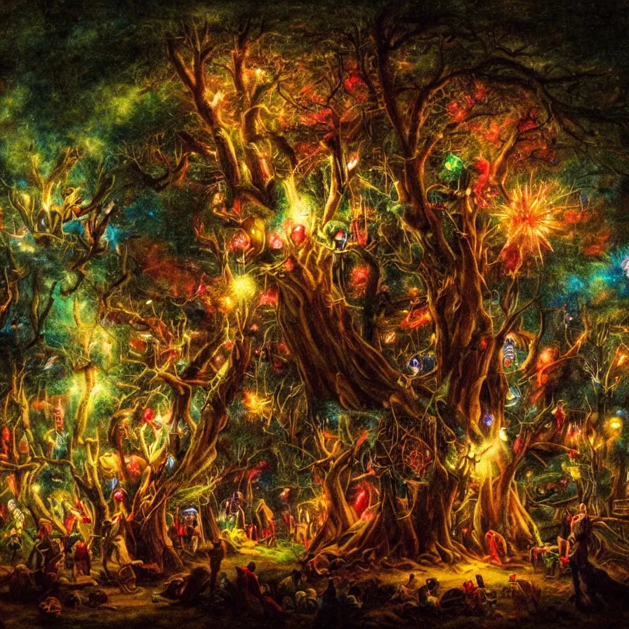 Prompt: closeup of a night carnival inside a tree cavity in a magical forest in the middle of a summer storm, with a music scenario with many fireworks and christmas lights, volumetric lightning, instense god rays in the sky, folklore people disguised with fantastic creatures in a magical forest by summer night, masterpiece painted by fernand toussaint, very coherent and colorful high contrast masterpiece,