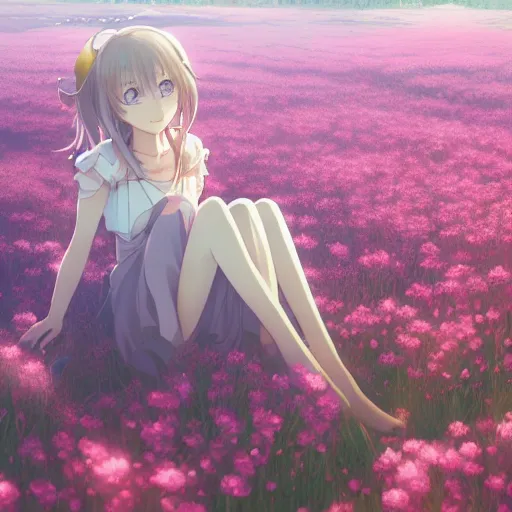 Image similar to portrait of the girl relaxing at the floss flower field, anime fantasy illustration by tomoyuki yamasaki, kyoto studio, madhouse, ufotable, square enix, cinematic lighting, trending on artstation
