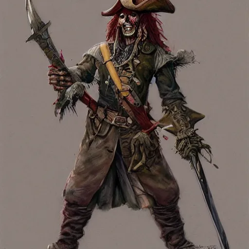 Prompt: Zombie pirate Captain wielding a sandstone rapier and sandstone dagger. Wearing a hat with an impressive feather and with a brutal scar across his neck, fantasy D&D character, portrait art by Donato Giancola and Bayard Wu, digital art, trending on artstation, 4k