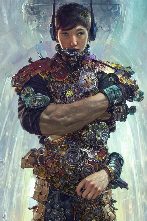 Prompt: portrait of a young cyberpunk ninja man wearing a warrior armor, fantasy, regal, fractal crystal, fractal gems, by stanley artgerm lau, greg rutkowski, thomas kindkade, alphonse mucha, loish, norman rockwell.