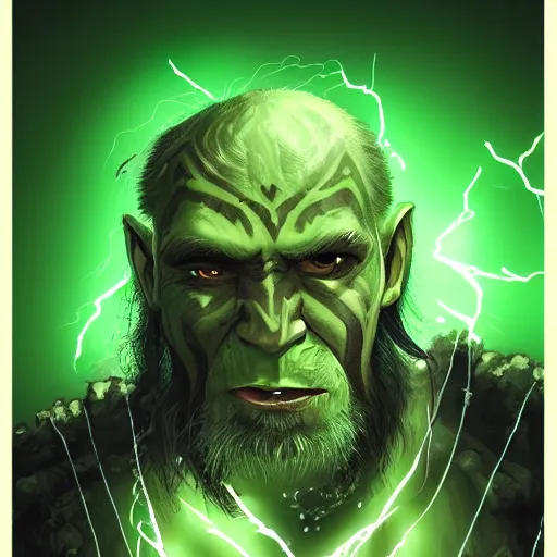 Image similar to an older half - orc shaman with long wiry grey hair, glowing green eyes, glowing tattoos, lightning in background, rainy background, character concept art, artstation, digital art