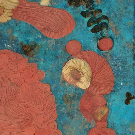 Prompt: avant garde coral, organic abstract illustration aged fresco, 1811, decadent french art nouveau collage