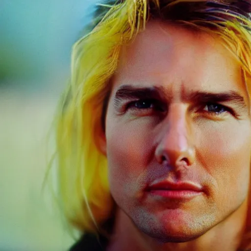 Prompt: photo tom cruise with yellow hair, cinestill, 800t, 35mm, full-HD