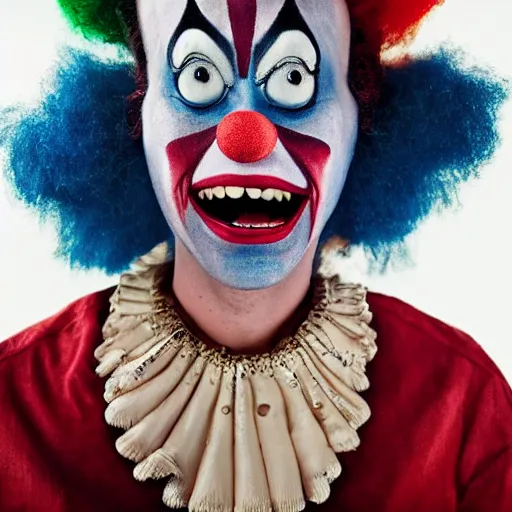 Prompt: uhd candid photo of krusty the clown wearing bizarre clown makeup, intricate details. photo by annie leibowitz photorealisitc hyperdetailed