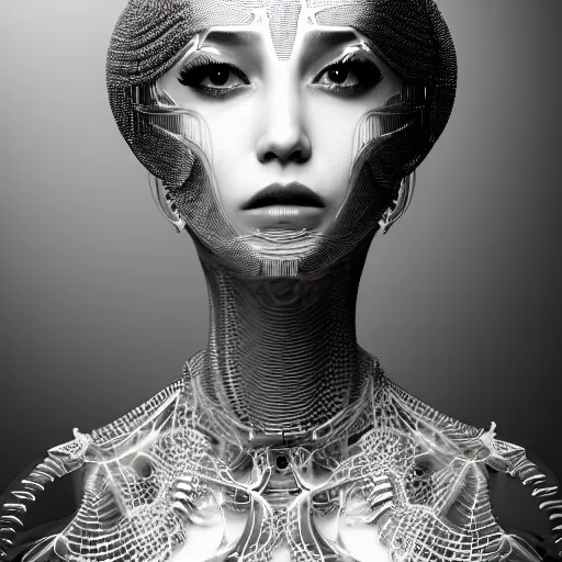 Image similar to closeup portrait of an absurdly beautiful, graceful, sophisticated, fashionable cyberpunk mechanoid gravure idol, an ultrafine hyperdetailed illustration by irakli nadar, matt wisniewski style, fashion photography, intricate linework, porcelain skin, jellyfish headdress, fractal ivory carved ruff, unreal engine 5 highly rendered, global illumination, radiant light, detailed and intricate environment