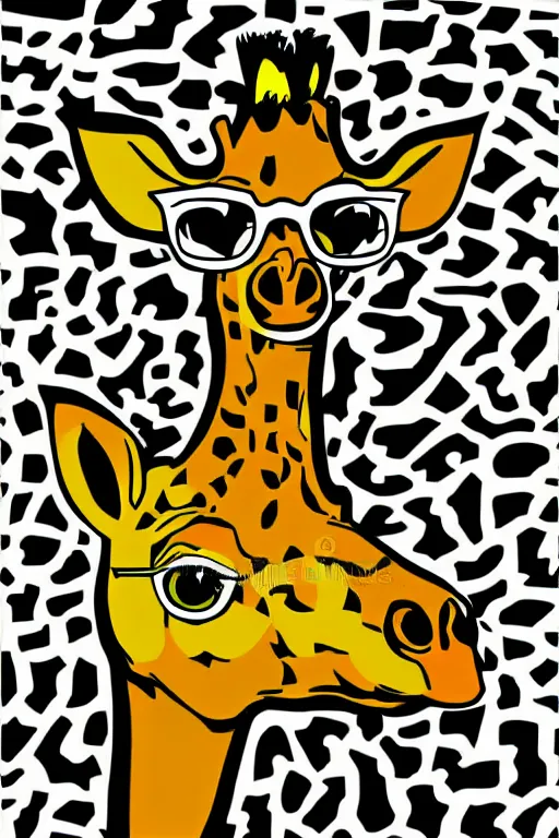 Prompt: a vector based illustration about a hipster giraffe in the style of pop art, no gradients, black ink on white background, smooth curves, vector spline curve style