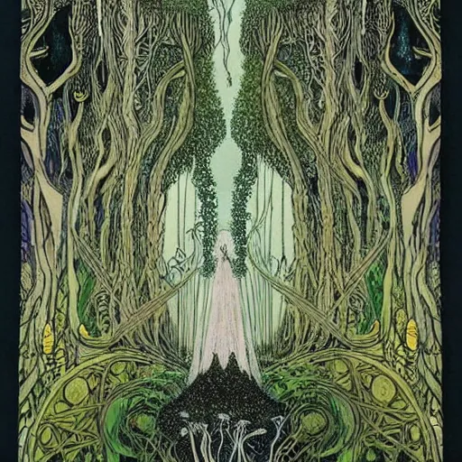 Image similar to an enchanted forest that resembles the High Priestess Tarot card by Kay Nielsen