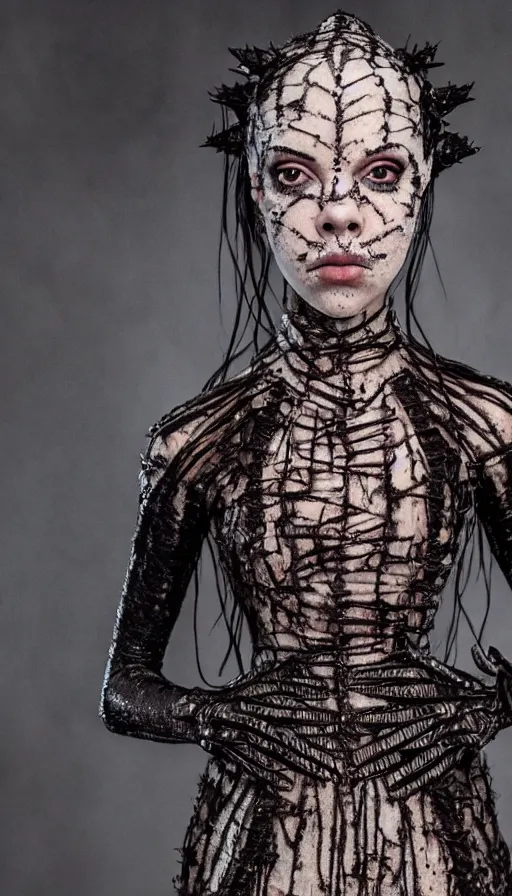 Image similar to dressed anya taylor - joy as pinhead, symmetrical, cinematic, elegant, dark, real photography, costume made by clive barker, 4 k, ultra hd, sense of awe