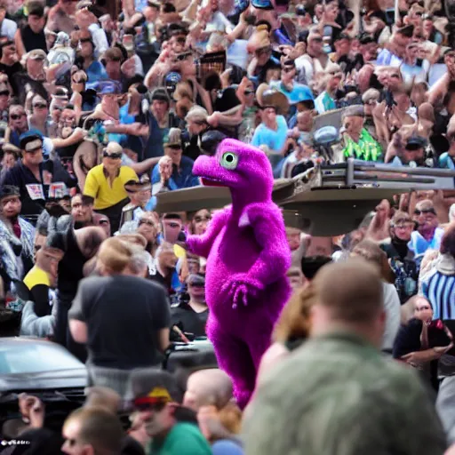 Prompt: Barney the Dinosaur spotted at a Nazi rally