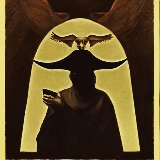 Prompt: Aleister Crowley with baphomet, by Raphael Hopper, and Rene Magritte. Highly detailed, romantic, enchanting, magical, trending on artstationHQ