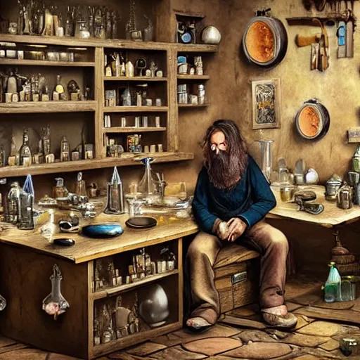 Image similar to An alchemist sitting in his workshop creating potions and formulas, style of Daniel Martin Diaz