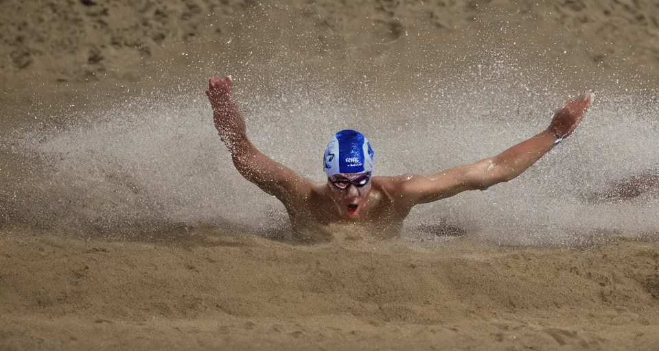 Image similar to olympic swimming in sand instead of water, extremely coherent, motion blur