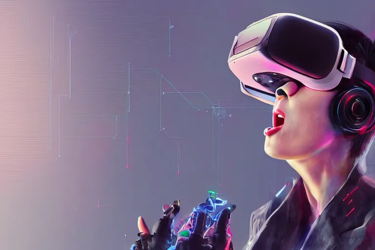 Prompt: a woman with a vr headset has a pill on her tongue and is hallucinating, cyberpunk art by keiichi koike, trending on cgsociety, retrofuturism, reimagined by industrial light and magic, darksynth, sci - fi