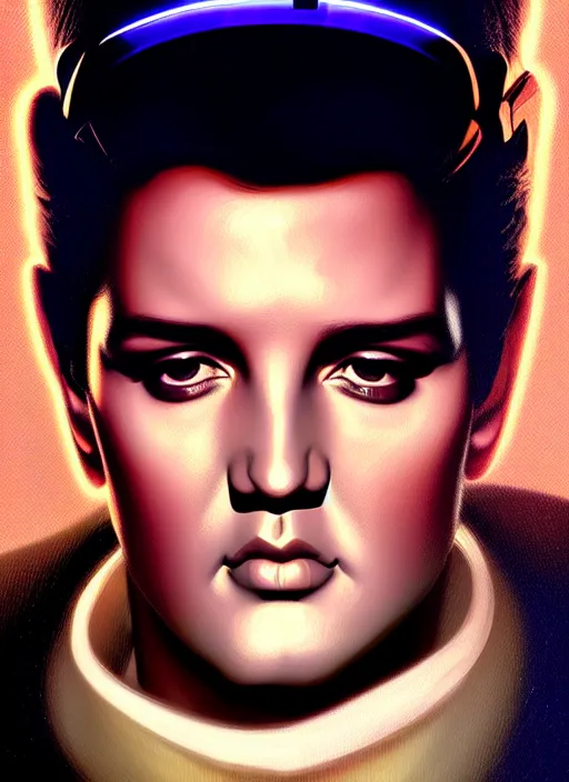 Image similar to symmetry!! portrait of elvis presley, sci - fi, tech wear, glowing lights!! intricate, elegant, highly detailed, digital painting, artstation, concept art, smooth, sharp focus, illustration, art by artgerm and greg rutkowski and alphonse mucha