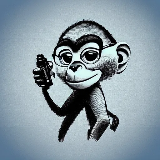 Image similar to “ logo of a monkey in the style of zootopia holding laser gun, with a black background, digital art, award winning, trending on art station, retro style ”