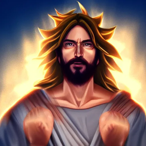 Image similar to jesus christ as a super saiyan 4k, digital art, artstation