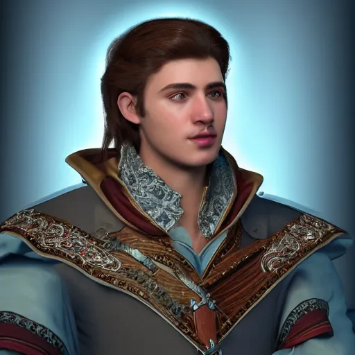 Image similar to a digital art close up portrait of young nobleman bard from warhammer, handsome young man bard with lute character sheet, 4 k, ultra detail, volumetric lighting, unreal engine, octane render