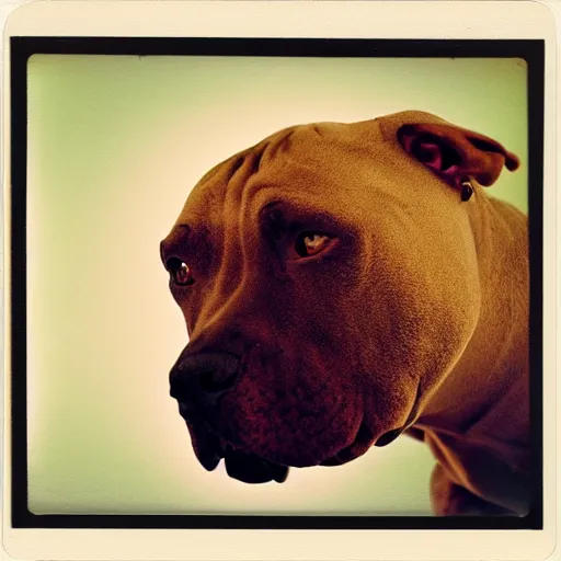 Prompt: polaroid photograph of a pitbull head on top of a lizard body, realism, photorealism,