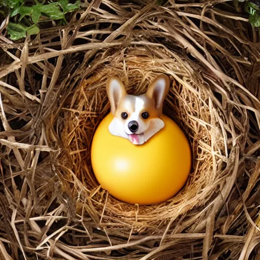 Image similar to concept art of a baby corgi emerging from an egg in a nest, anne geddes