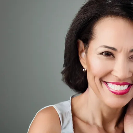 Prompt: professional headshot of an elegant female actress in her 4 0 s smiling widely at the camera. she has long vampire fangs, and thick blood dripping down her chin. high resolution, nikon camera 8 k