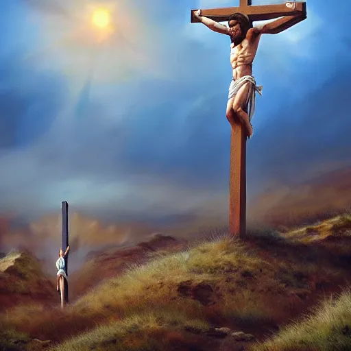 Image similar to painting of three 1st century empty crucifixion crosses on calvary hill, miraculous cloudy backdrop, by Tony Sart, ArtStation, Detailed, realistic