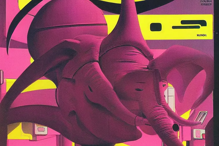 Prompt: 1979 OMNI Magazine Cover of a pink elephant. in cyberpunk style by Vincent Di Fate